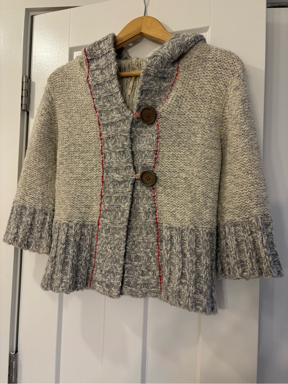 Free People Women’s Hooded Knit Coatigan in Heather Gray with Red Stitch